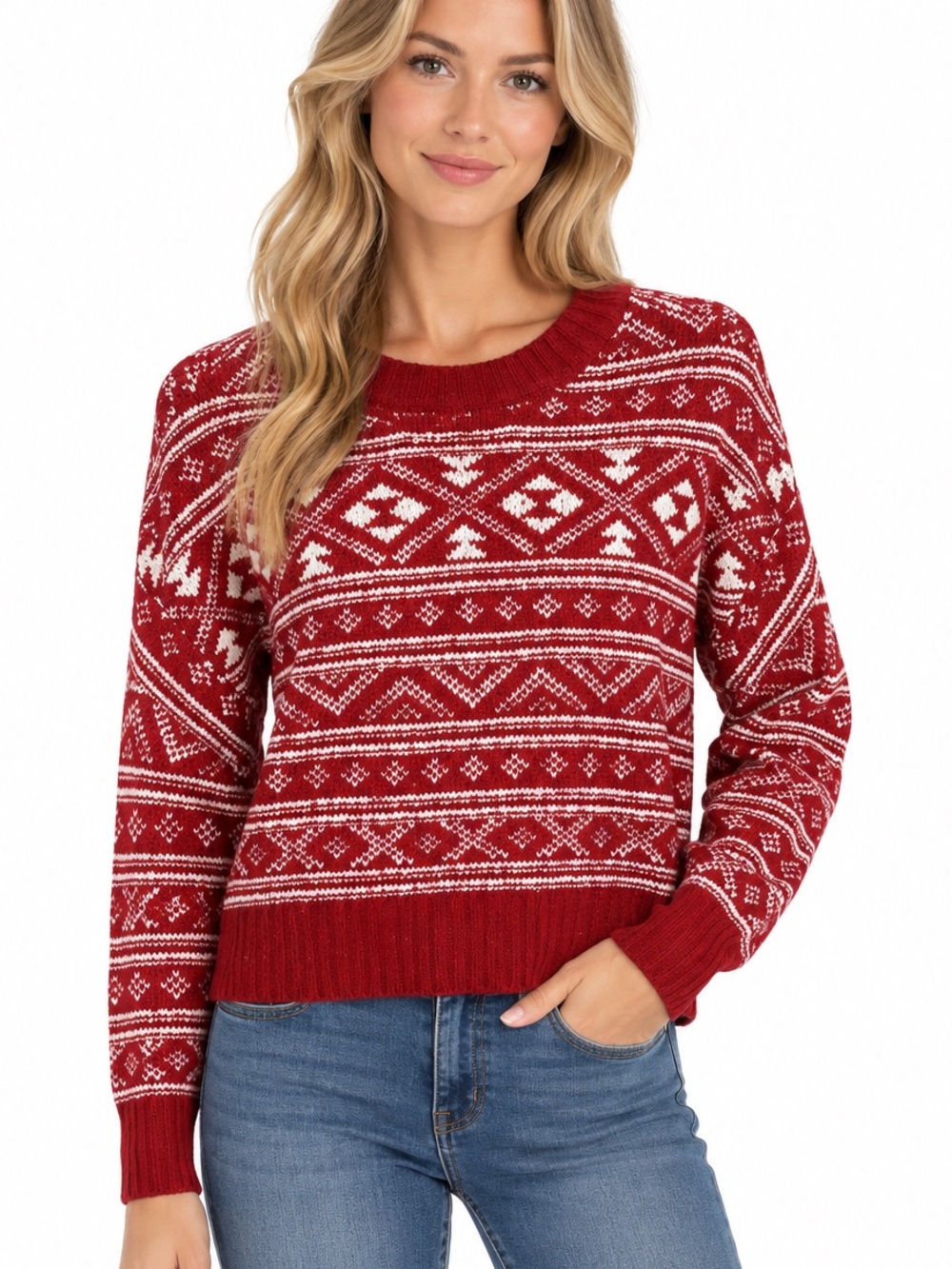 American Eagle Nordic Fair Isle Cozy Casual Sweater Size Small red white